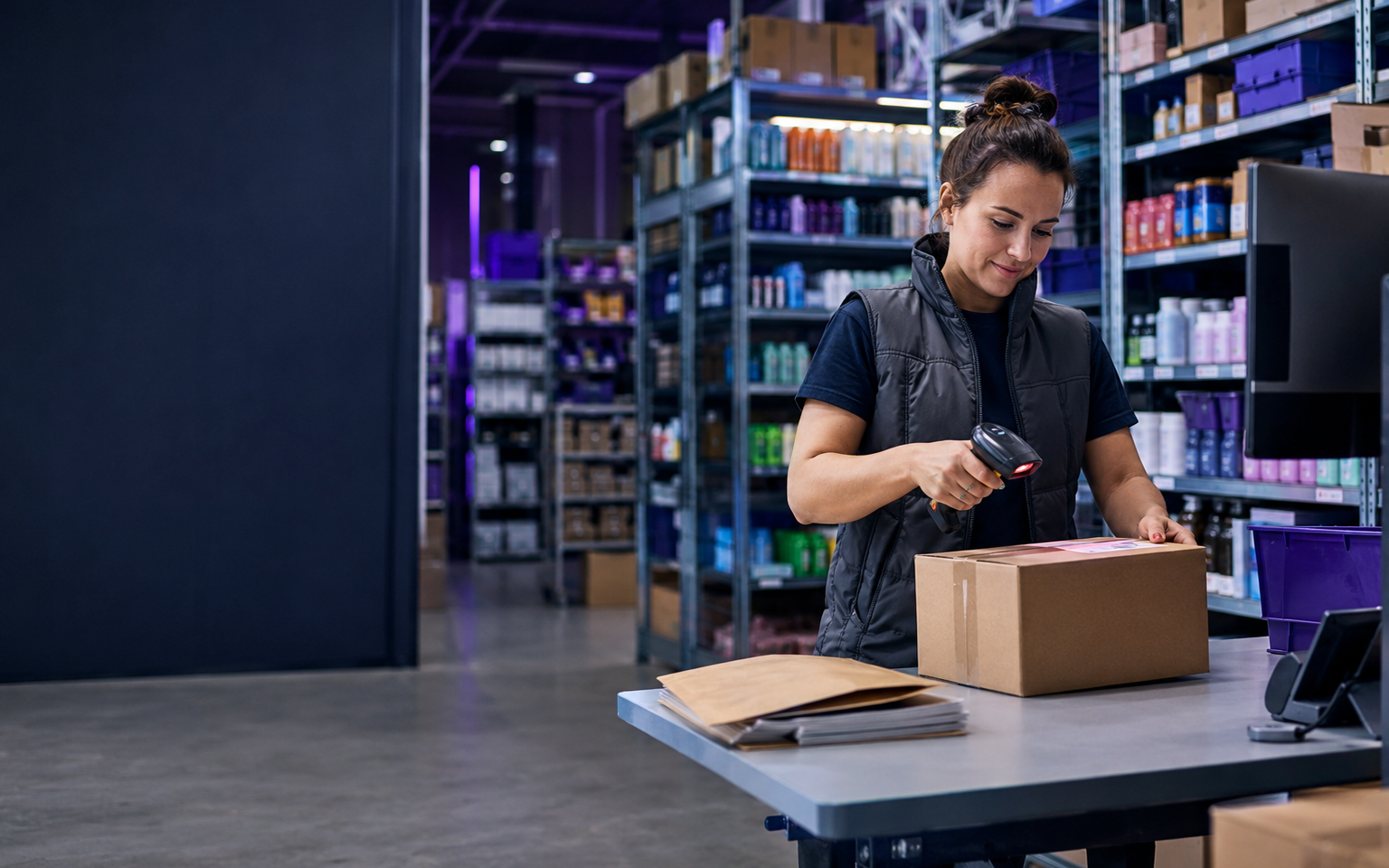 Ecommerce order being scanned at a modern fulfilment packing station
